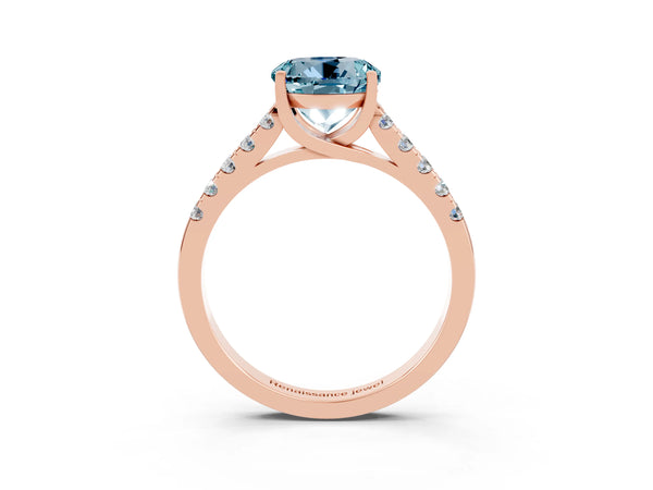Rose gold Round Cut Aquamarine Pavé Band Solitaire Ring with Prong Setting