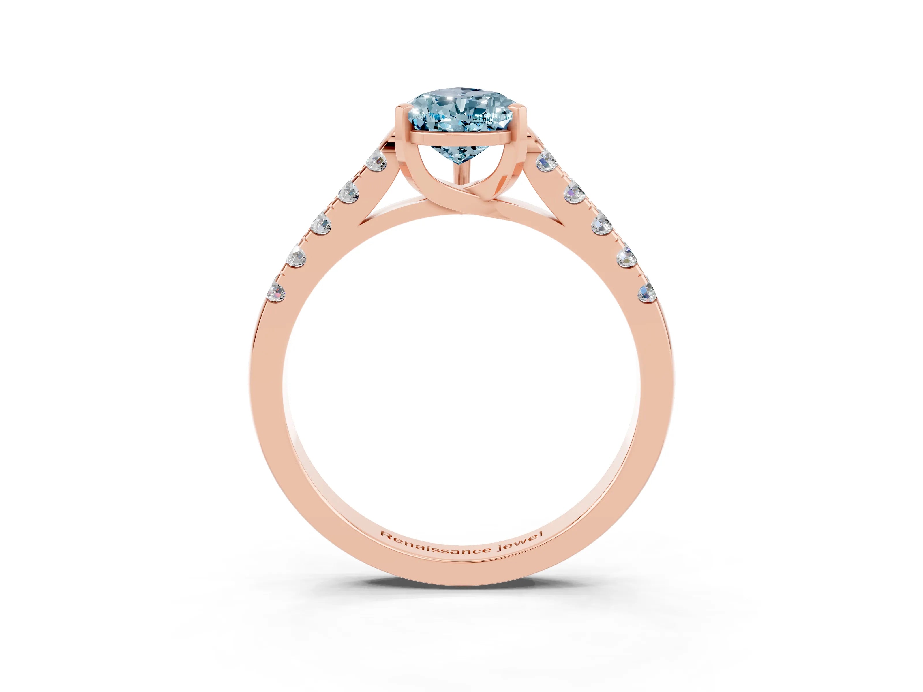Rose gold {shape_name} Aquamarine Solitaire Ring with Pavé Band and Four-Prong Setting_3