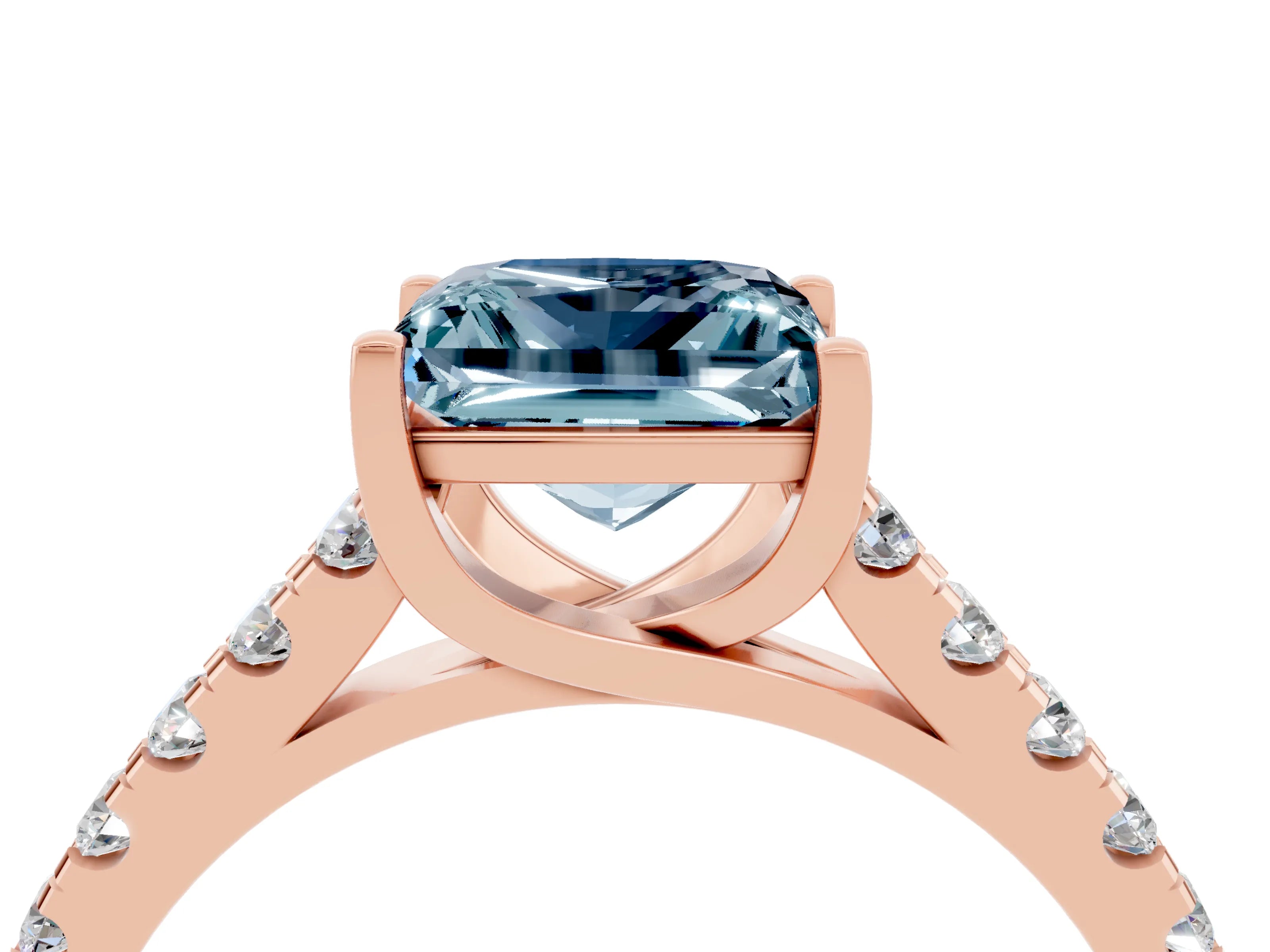 Rose gold {shape_name} Aquamarine Solitaire Ring with Pavé Band and Four-Prong Setting_4