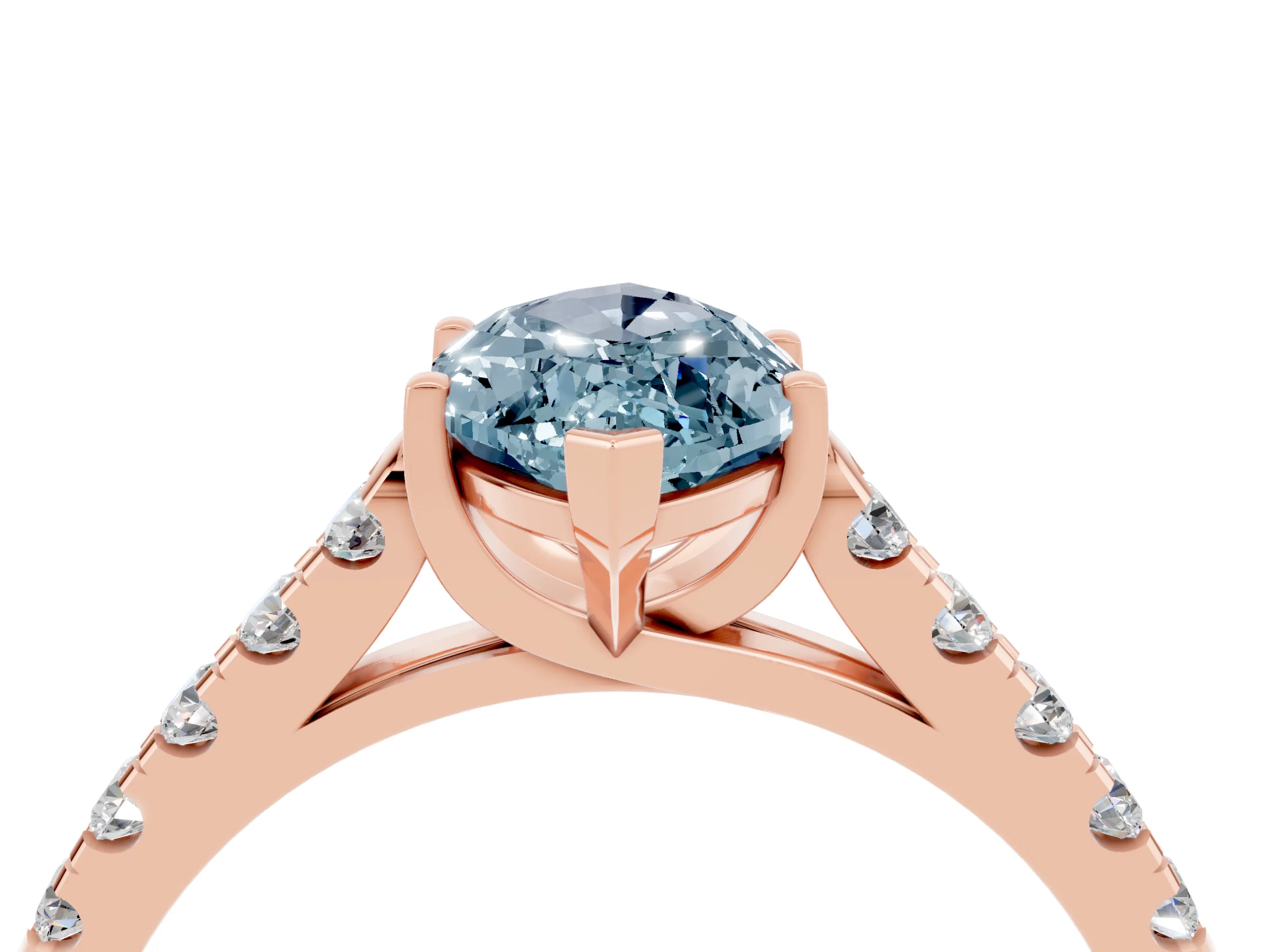Rose gold {shape_name} Aquamarine Solitaire Ring with Pavé Band and Four-Prong Setting_4