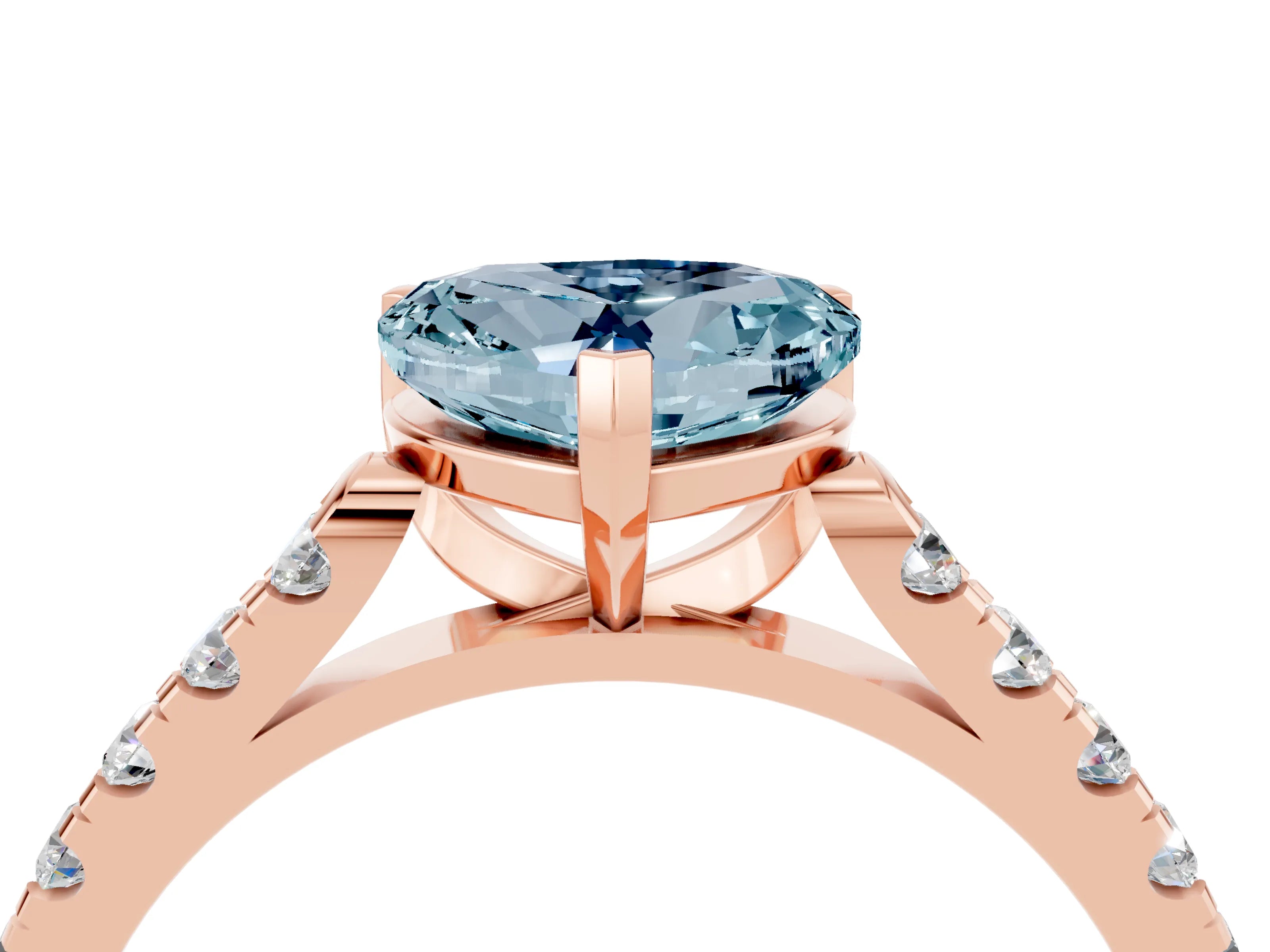 Rose gold {shape_name} Aquamarine Solitaire Ring with Pavé Band and Four-Prong Setting_4