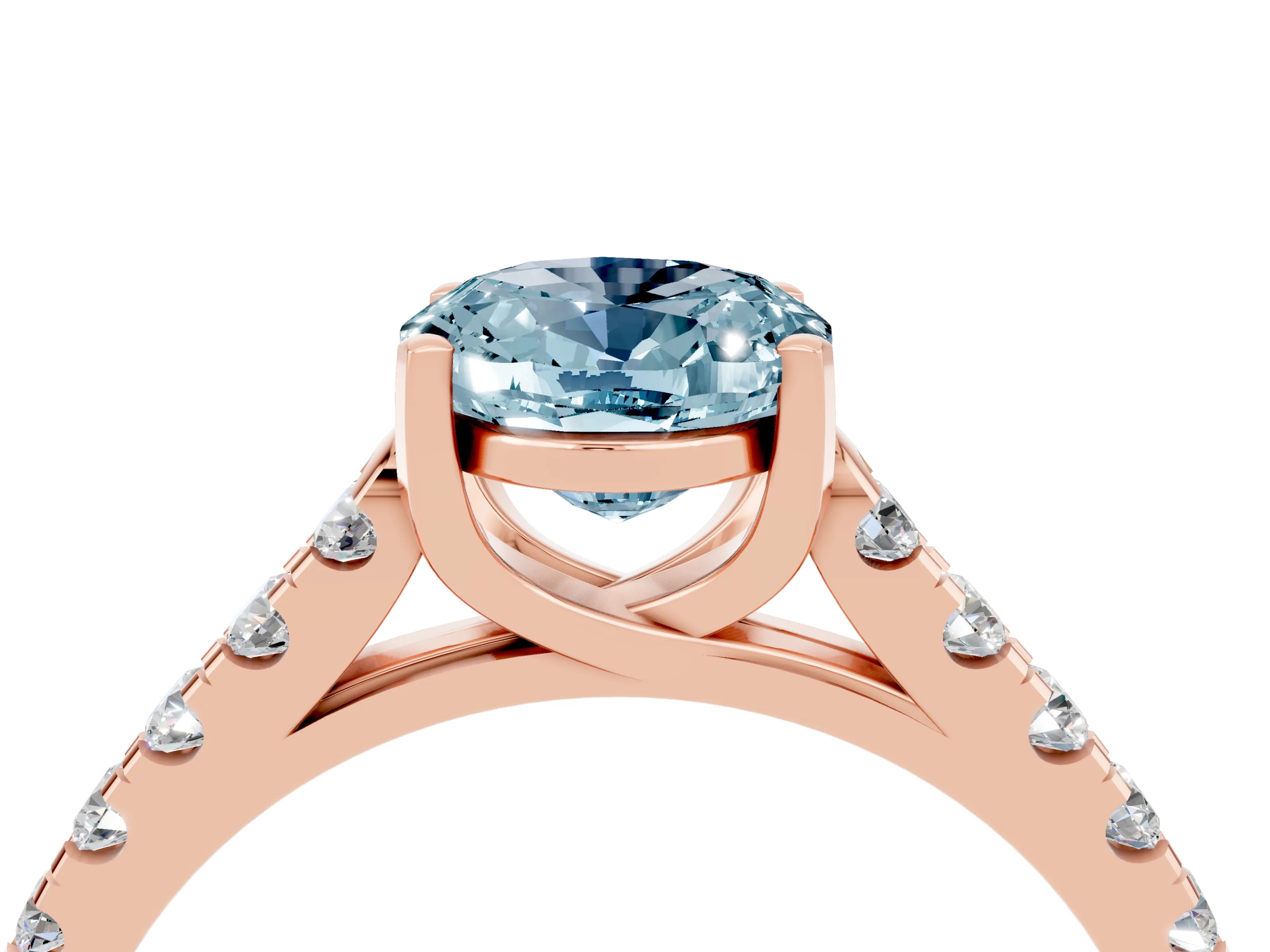 Rose gold {shape_name} Aquamarine Solitaire Ring with Pavé Band and Four-Prong Setting_4