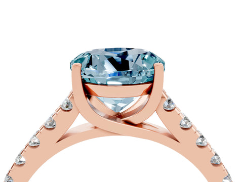 Rose gold {shape_name} Aquamarine Solitaire Ring with Pavé Band and Four-Prong Setting_4