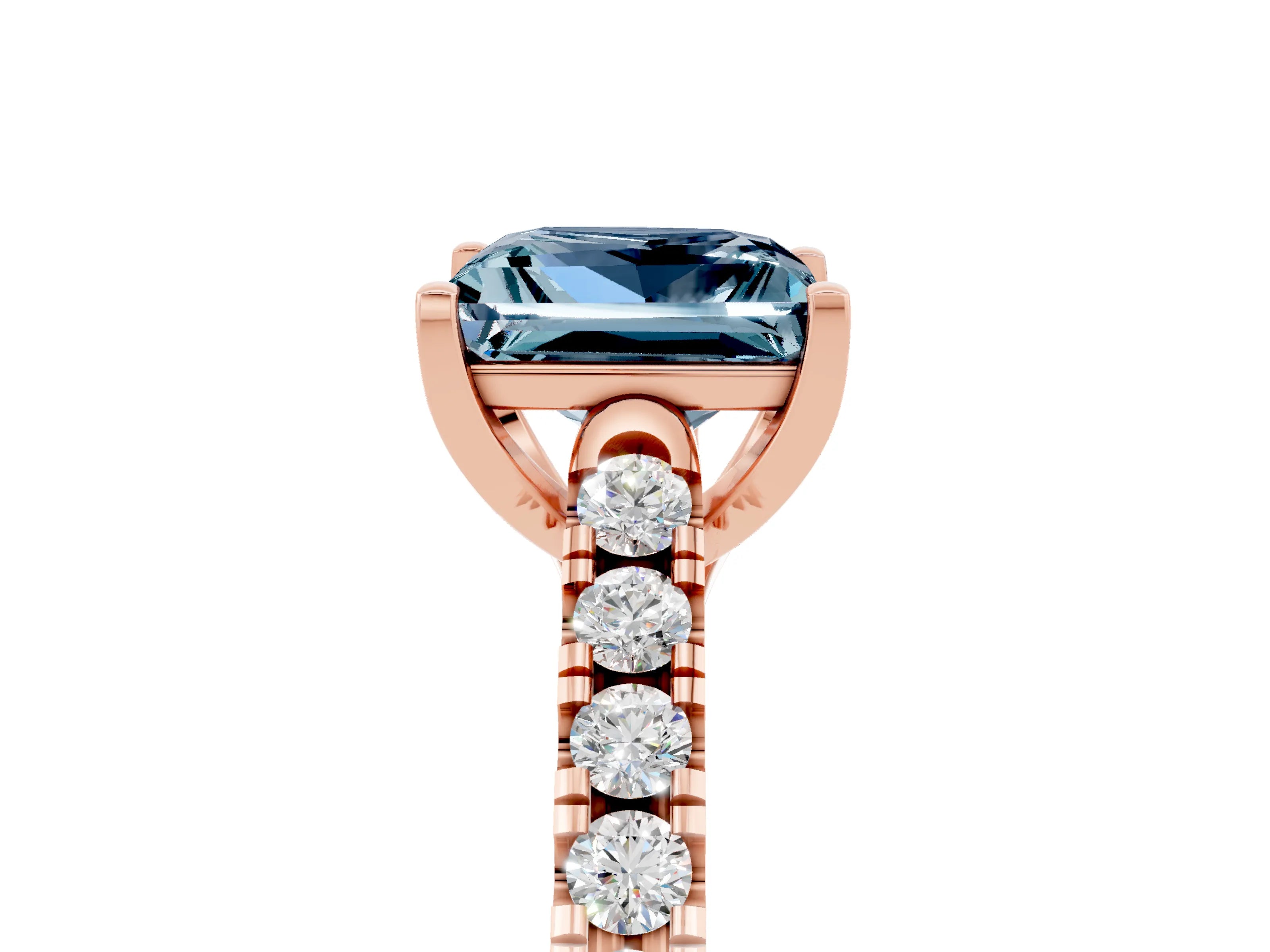 Rose gold {shape_name} Aquamarine Solitaire Ring with Pavé Band and Four-Prong Setting_5