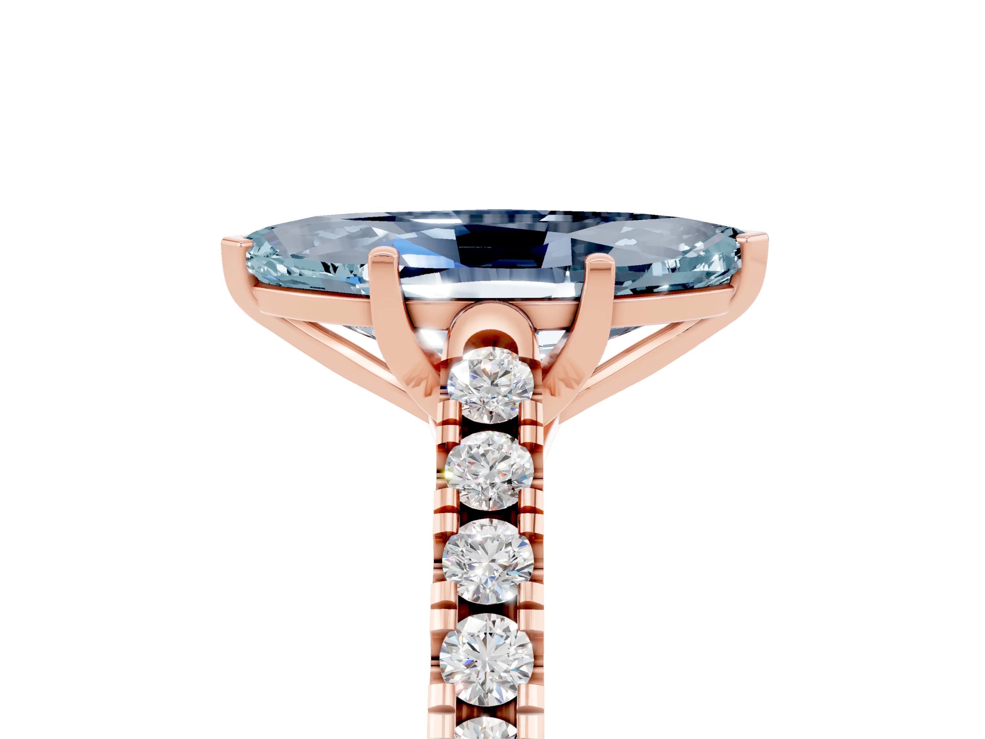 Rose gold {shape_name} Aquamarine Solitaire Ring with Pavé Band and Four-Prong Setting_5