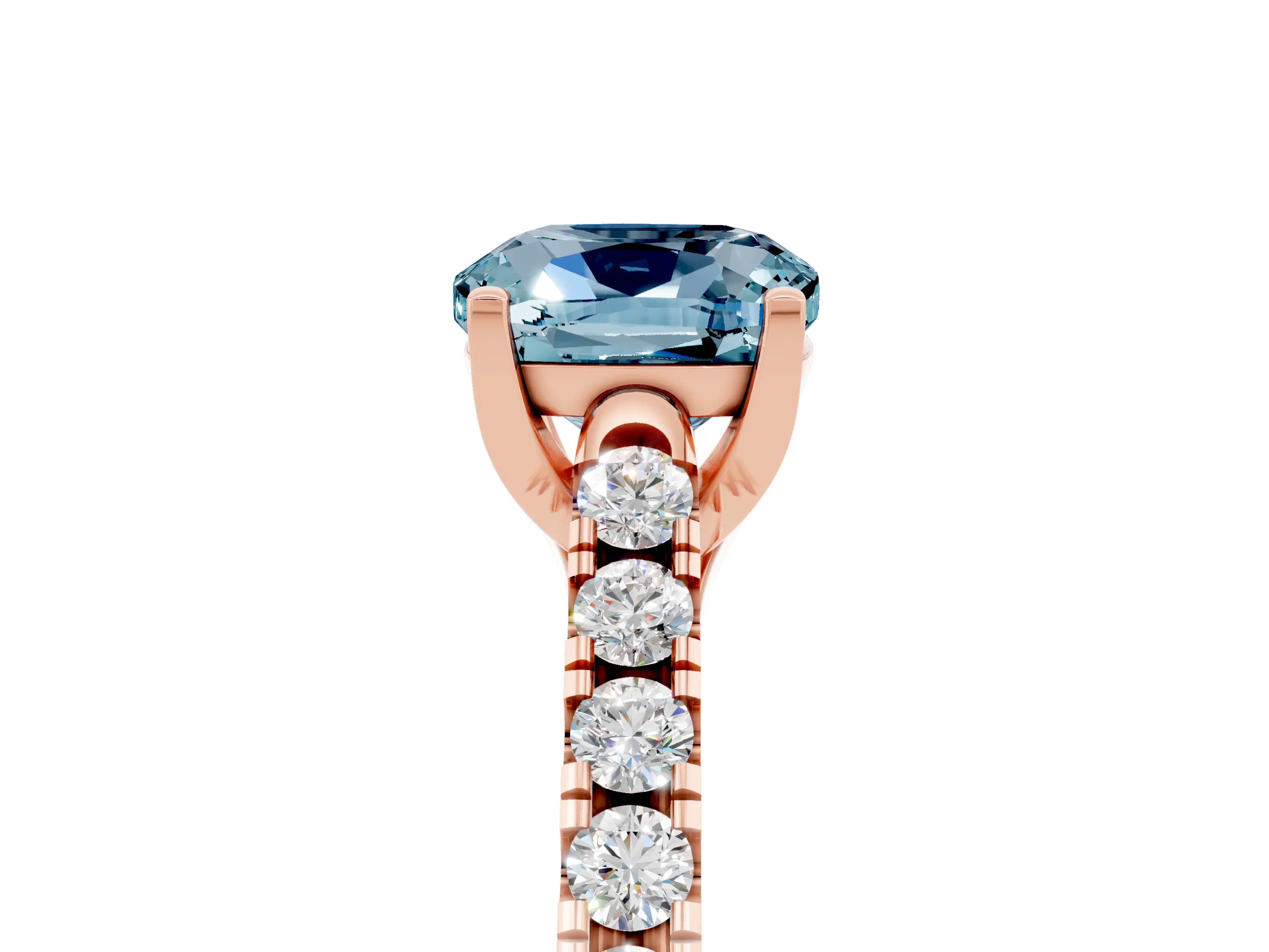 Rose gold {shape_name} Aquamarine Solitaire Ring with Pavé Band and Four-Prong Setting_5