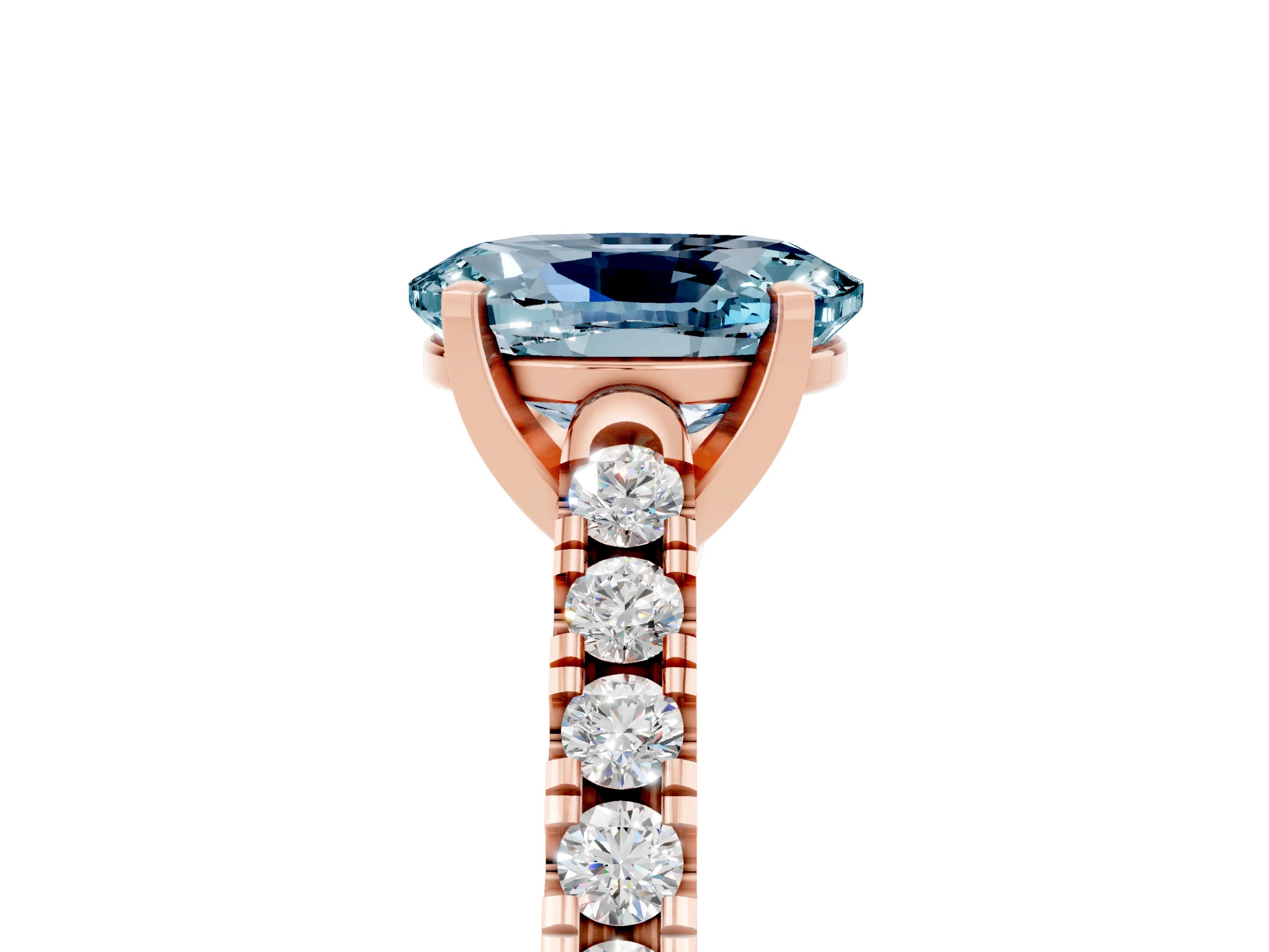 Rose gold {shape_name} Aquamarine Solitaire Ring with Pavé Band and Four-Prong Setting_5