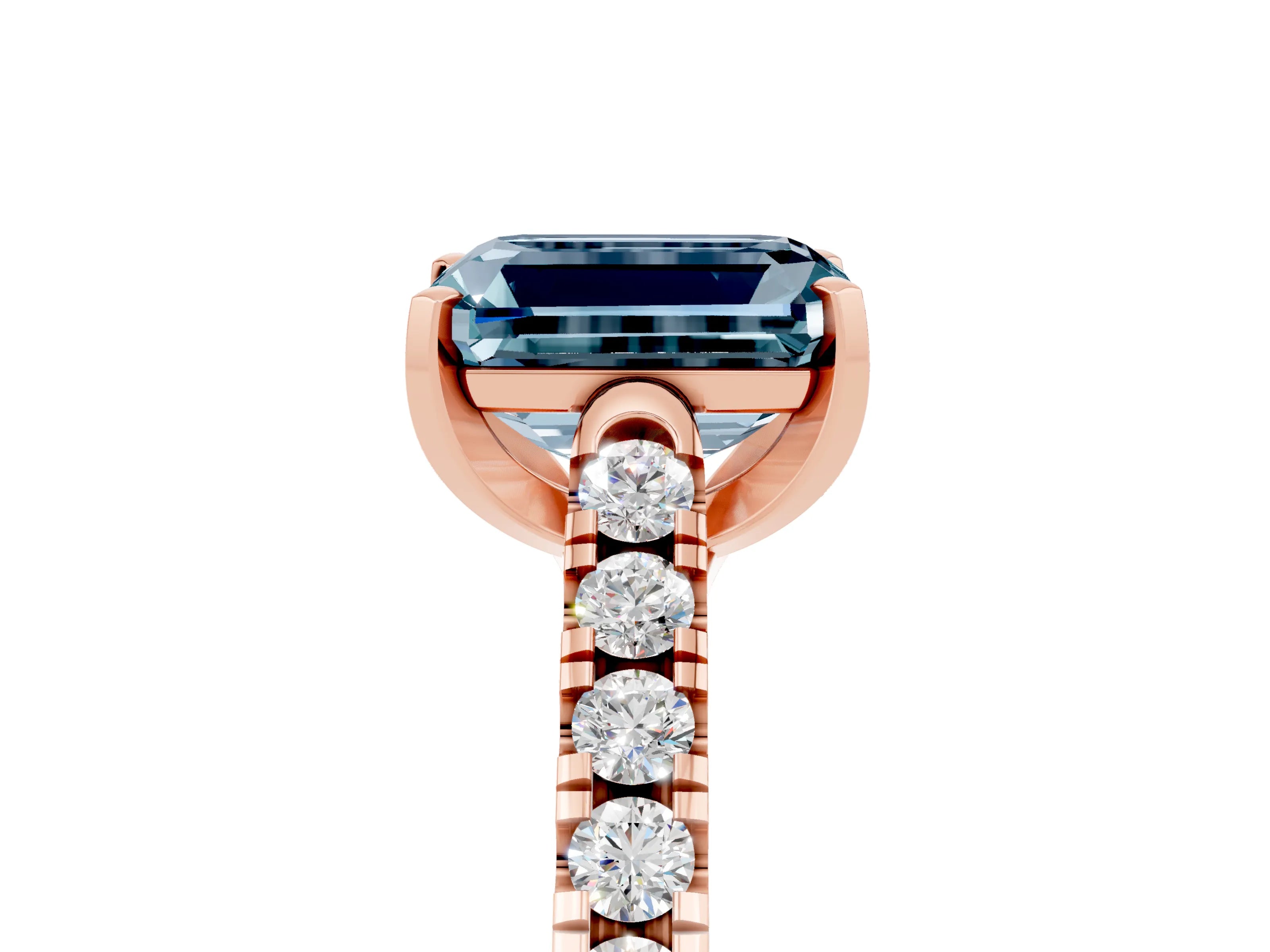 Rose gold {shape_name} Aquamarine Solitaire Ring with Pavé Band and Four-Prong Setting_5