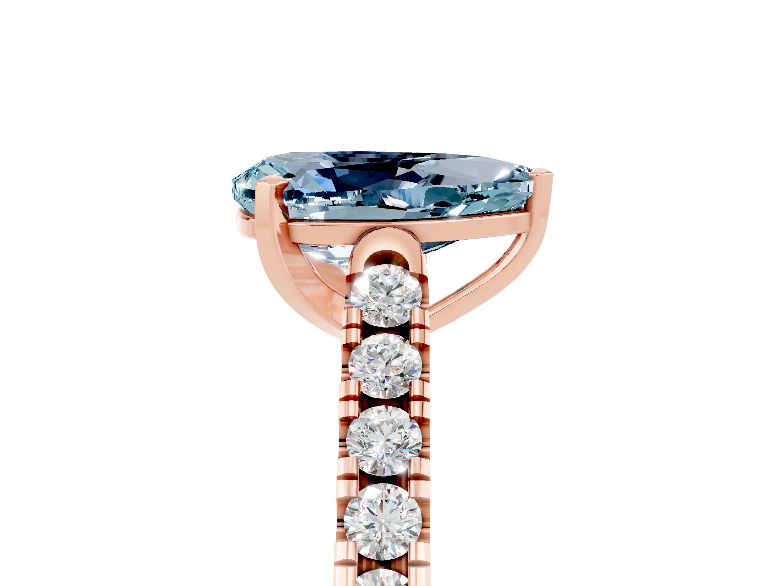 Rose gold {shape_name} Aquamarine Solitaire Ring with Pavé Band and Four-Prong Setting_5