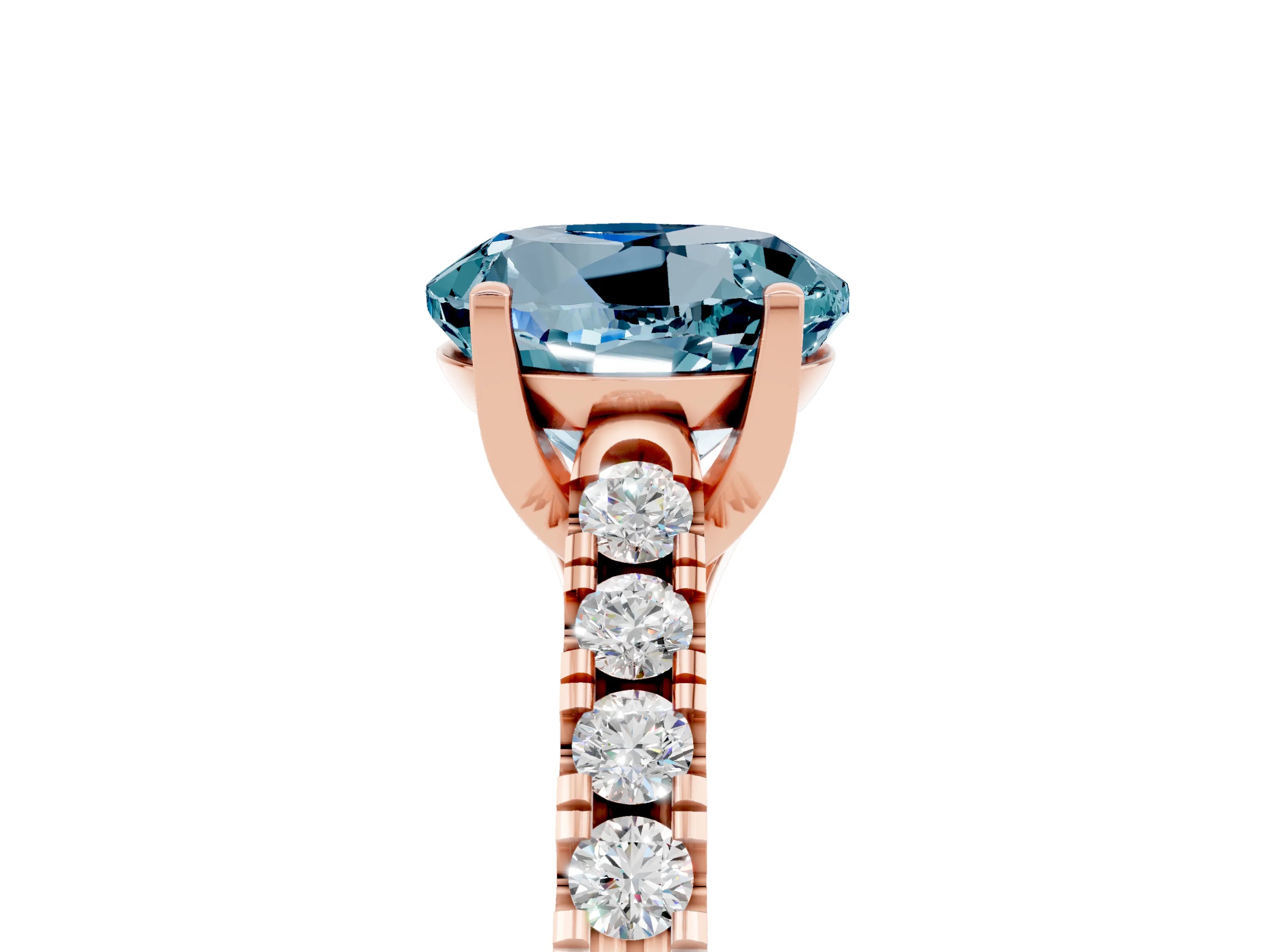 Rose gold {shape_name} Aquamarine Solitaire Ring with Pavé Band and Four-Prong Setting_5