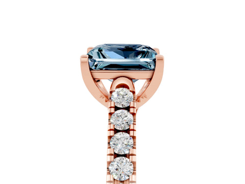 Rose gold {shape_name} Aquamarine Solitaire Ring with Pavé Band and Four-Prong Setting_5
