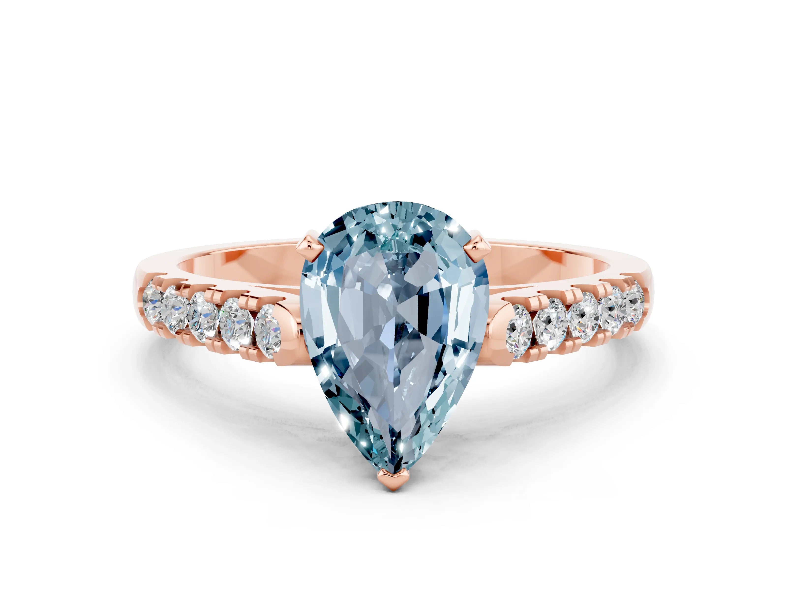 Rose gold {shape_name} Aquamarine Solitaire Ring with Pavé Band and Four-Prong Setting