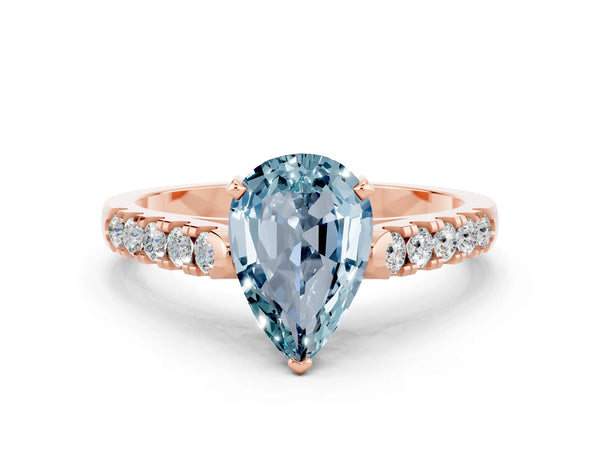 Rose gold Pear Cut Aquamarine Pavé Band Solitaire Ring with Prong Setting
