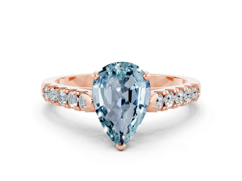 Rose gold {shape_name} Aquamarine Solitaire Ring with Pavé Band and Four-Prong Setting