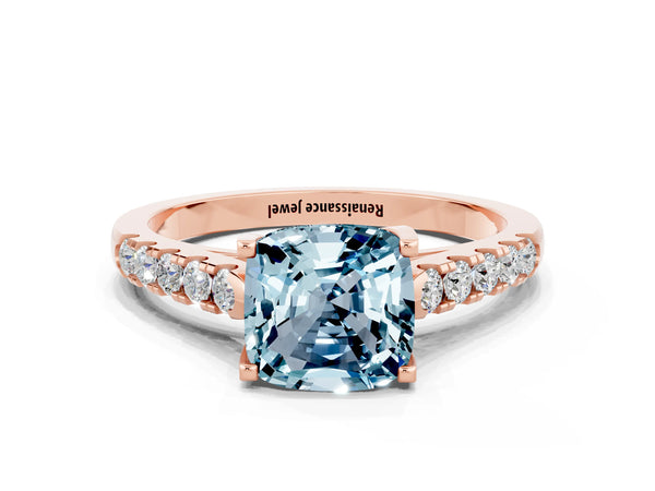 Rose gold Cushion Cut Aquamarine Pavé Band Solitaire Ring with Prong Setting
