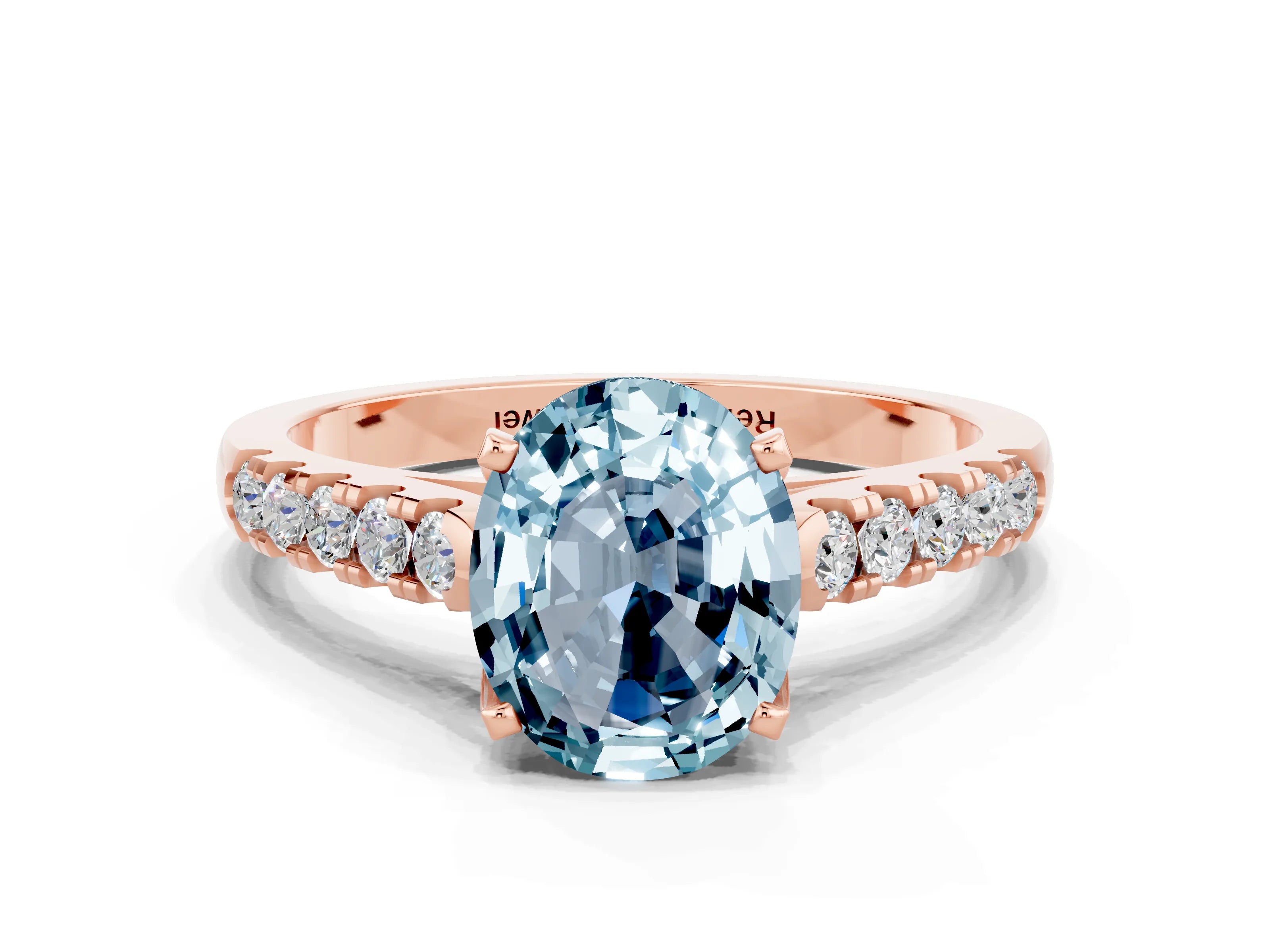 Rose gold {shape_name} Aquamarine Solitaire Ring with Pavé Band and Four-Prong Setting
