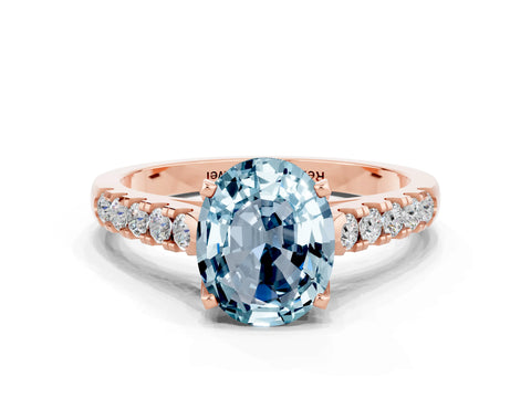 Rose gold {shape_name} Aquamarine Solitaire Ring with Pavé Band and Four-Prong Setting