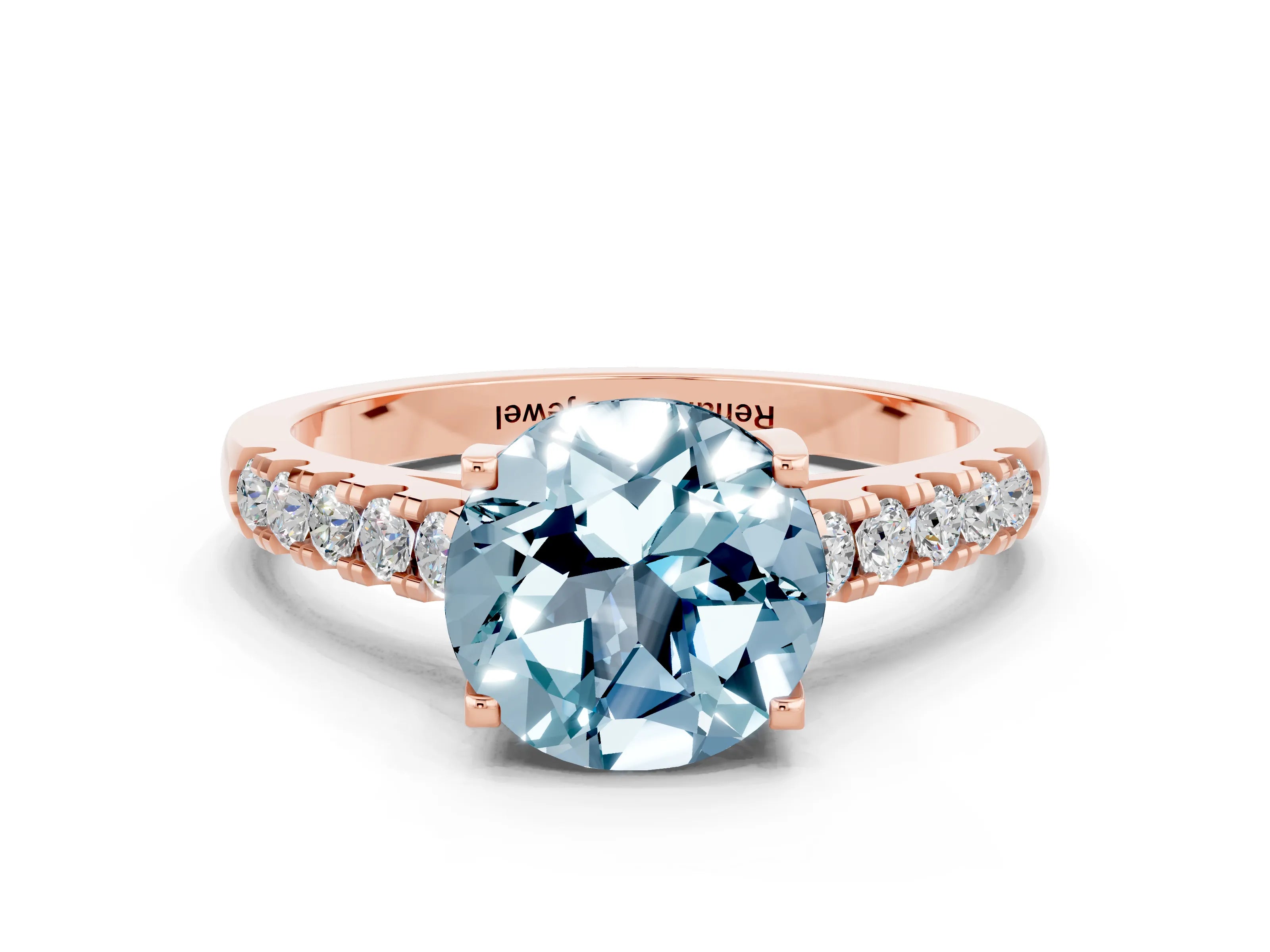 Rose gold {shape_name} Aquamarine Solitaire Ring with Pavé Band and Four-Prong Setting