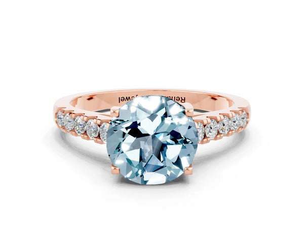 Rose gold Round Cut Aquamarine Pavé Band Solitaire Ring with Prong Setting