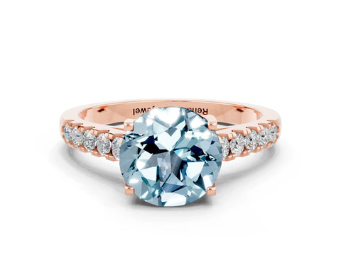 Rose gold {shape_name} Aquamarine Solitaire Ring with Pavé Band and Four-Prong Setting