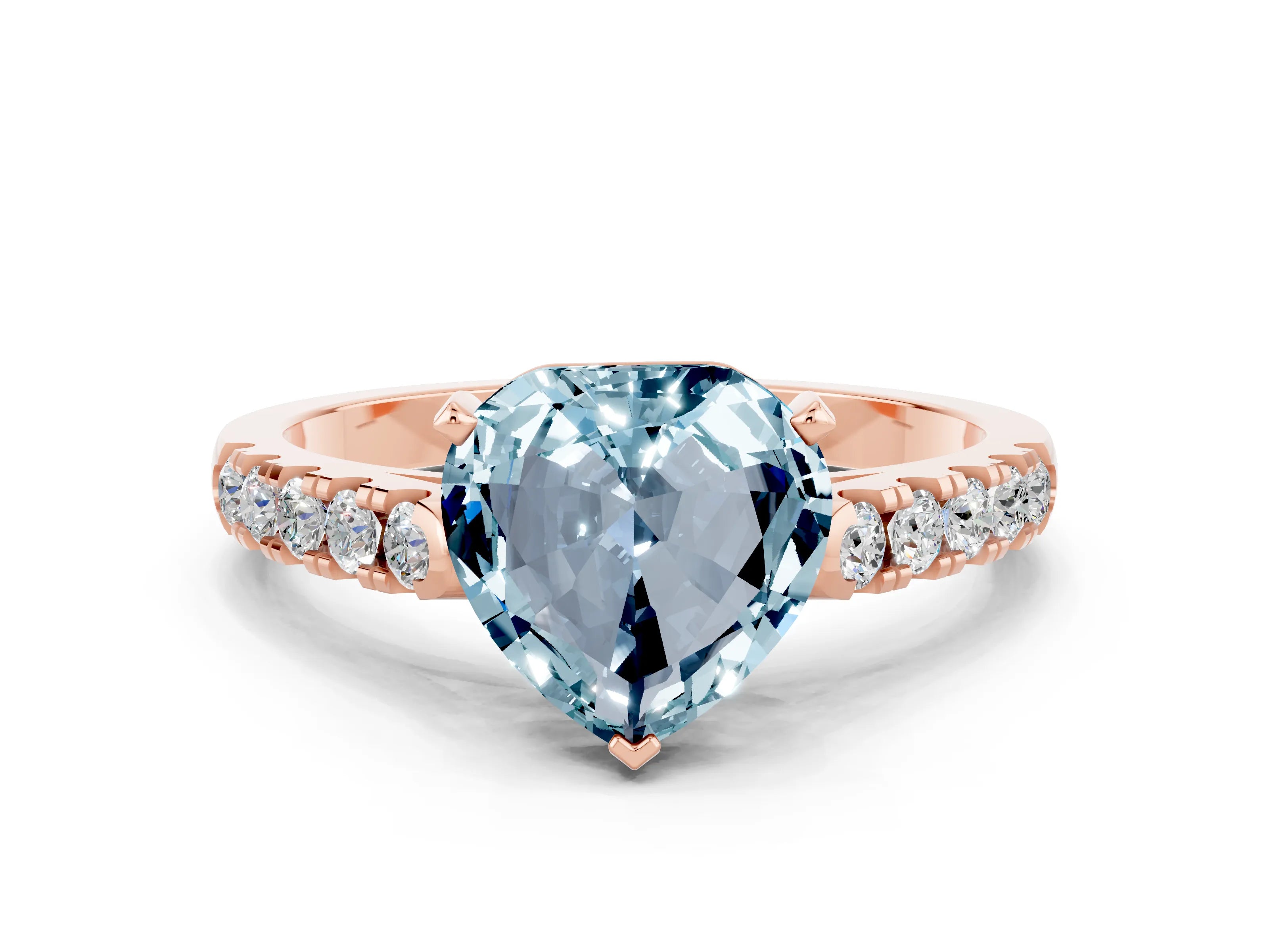 Rose gold {shape_name} Aquamarine Solitaire Ring with Pavé Band and Four-Prong Setting