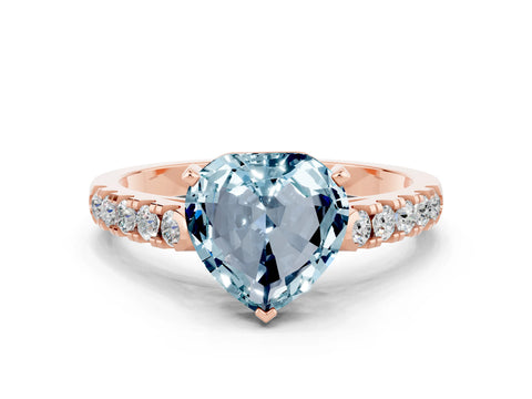 Rose gold {shape_name} Aquamarine Solitaire Ring with Pavé Band and Four-Prong Setting