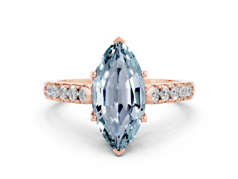 Rose gold {shape_name} Aquamarine Solitaire Ring with Pavé Band and Four-Prong Setting