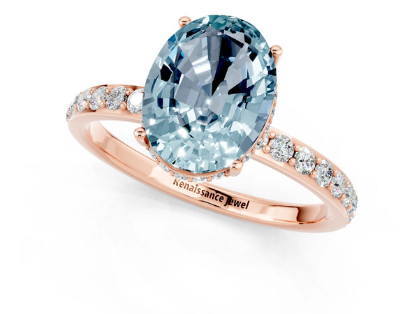 Rose gold Oval Cut Aquamarine Solitaire Ring with Pavé Band and Hidden Halo