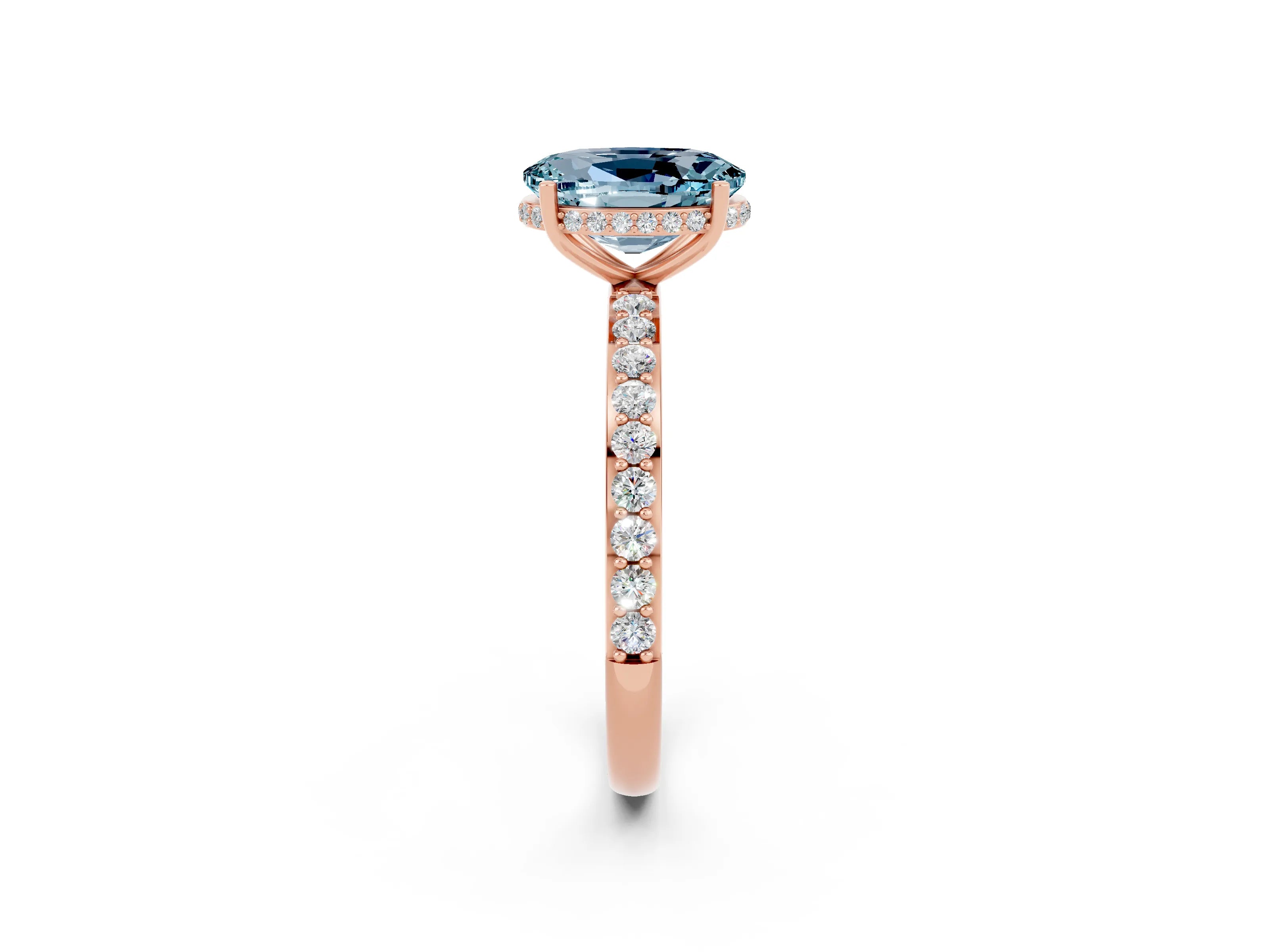 Rose gold {shape_name} Aquamarine Solitaire Ring with Pavé Band and Hidden Halo_2