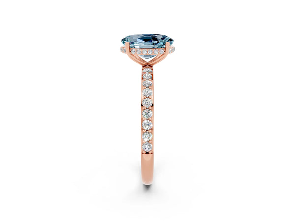 Rose gold Oval Cut Aquamarine Solitaire Ring with Pavé Band and Hidden Halo