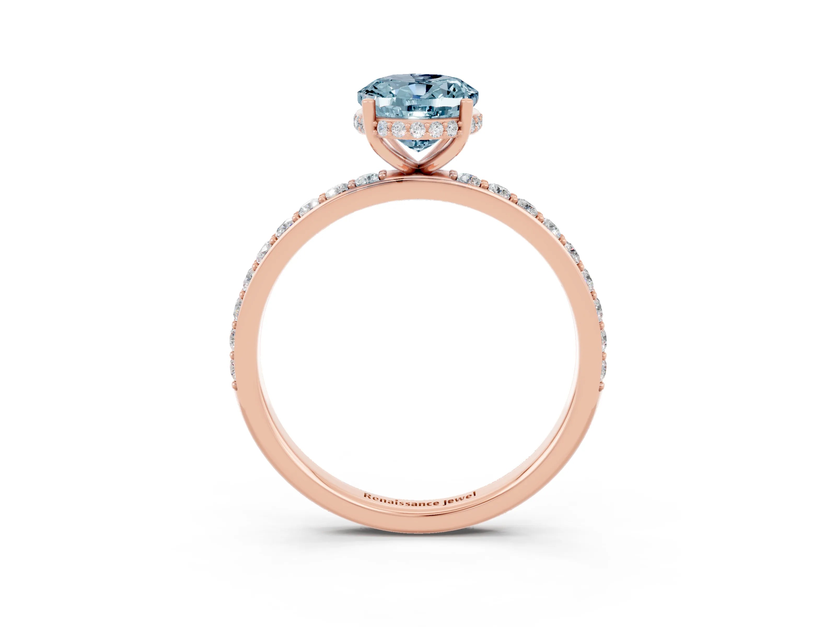 Rose gold {shape_name} Aquamarine Solitaire Ring with Pavé Band and Hidden Halo_3