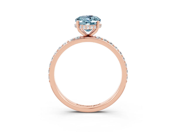 Rose gold Oval Cut Aquamarine Solitaire Ring with Pavé Band and Hidden Halo