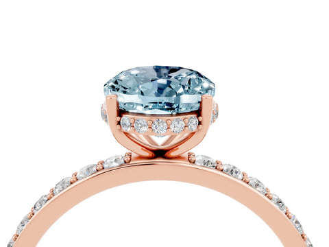 Rose gold {shape_name} Aquamarine Solitaire Ring with Pavé Band and Hidden Halo_4