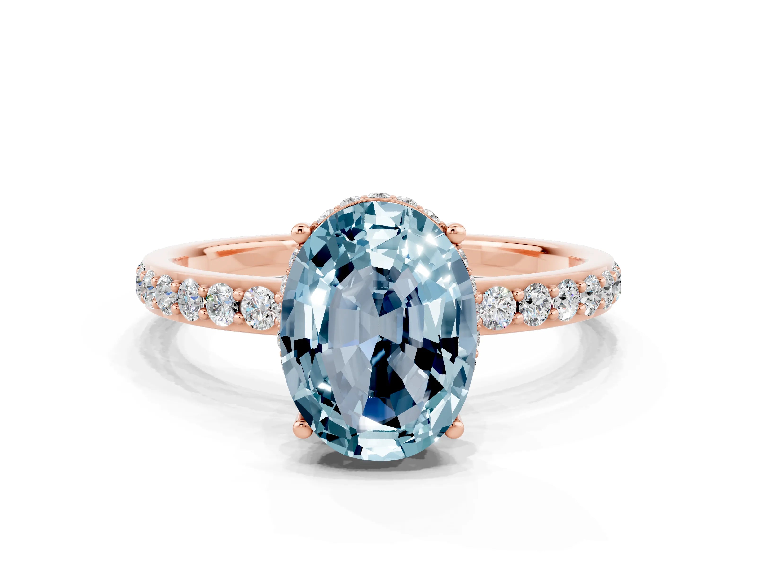Rose gold {shape_name} Aquamarine Solitaire Ring with Pavé Band and Hidden Halo