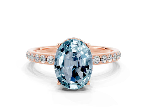 Rose gold {shape_name} Aquamarine Solitaire Ring with Pavé Band and Hidden Halo
