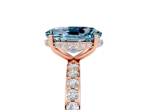 Rose gold {shape_name} Aquamarine Solitaire Ring with Pavé Band and Hidden Halo_5