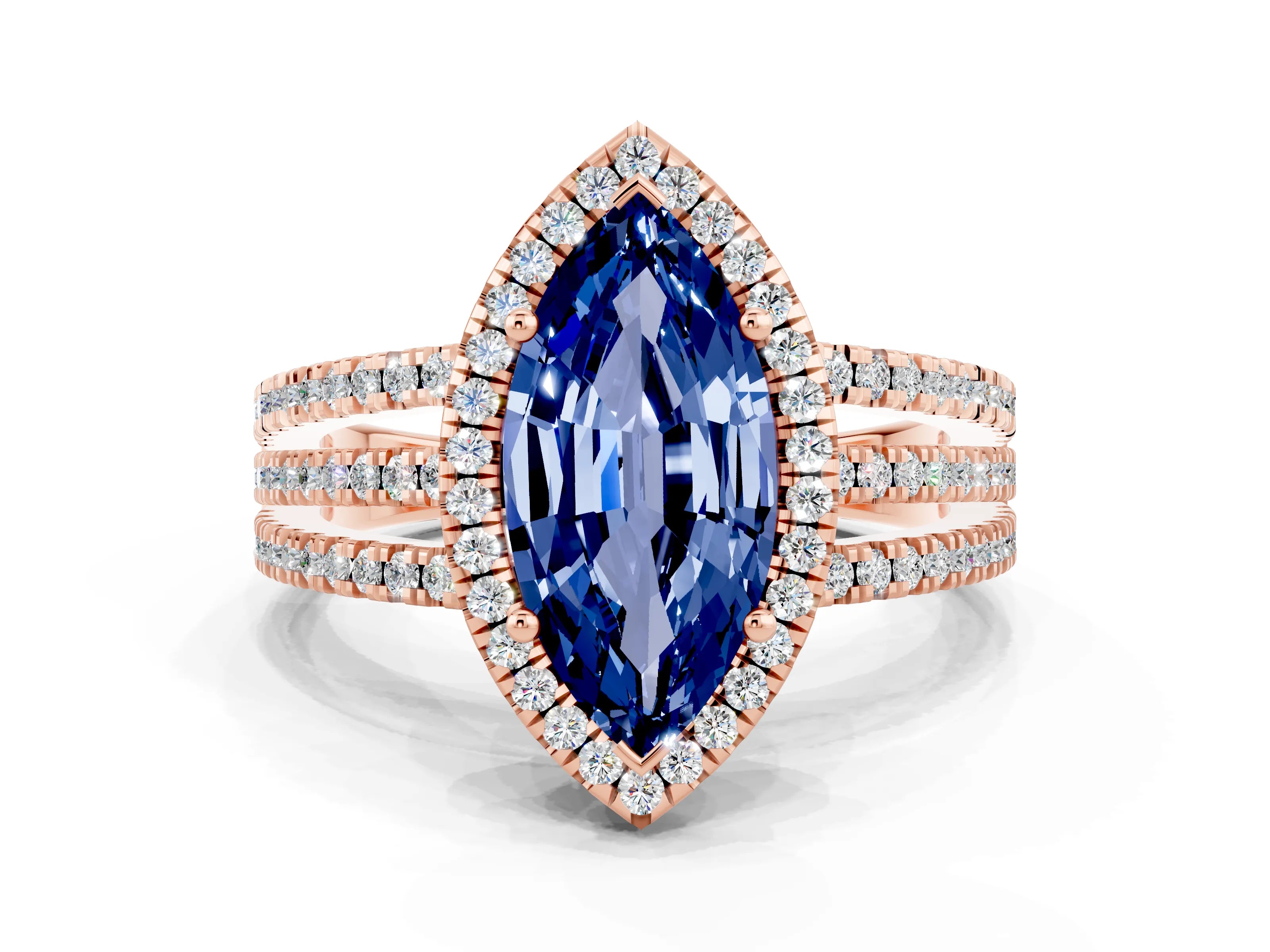 Rose gold {shape_name} Blue Sapphire Halo Engagement Ring with Split Shank and Four-Prong Setting