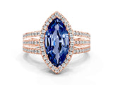 Rose gold {shape_name} Blue Sapphire Halo Engagement Ring with Split Shank and Four-Prong Setting