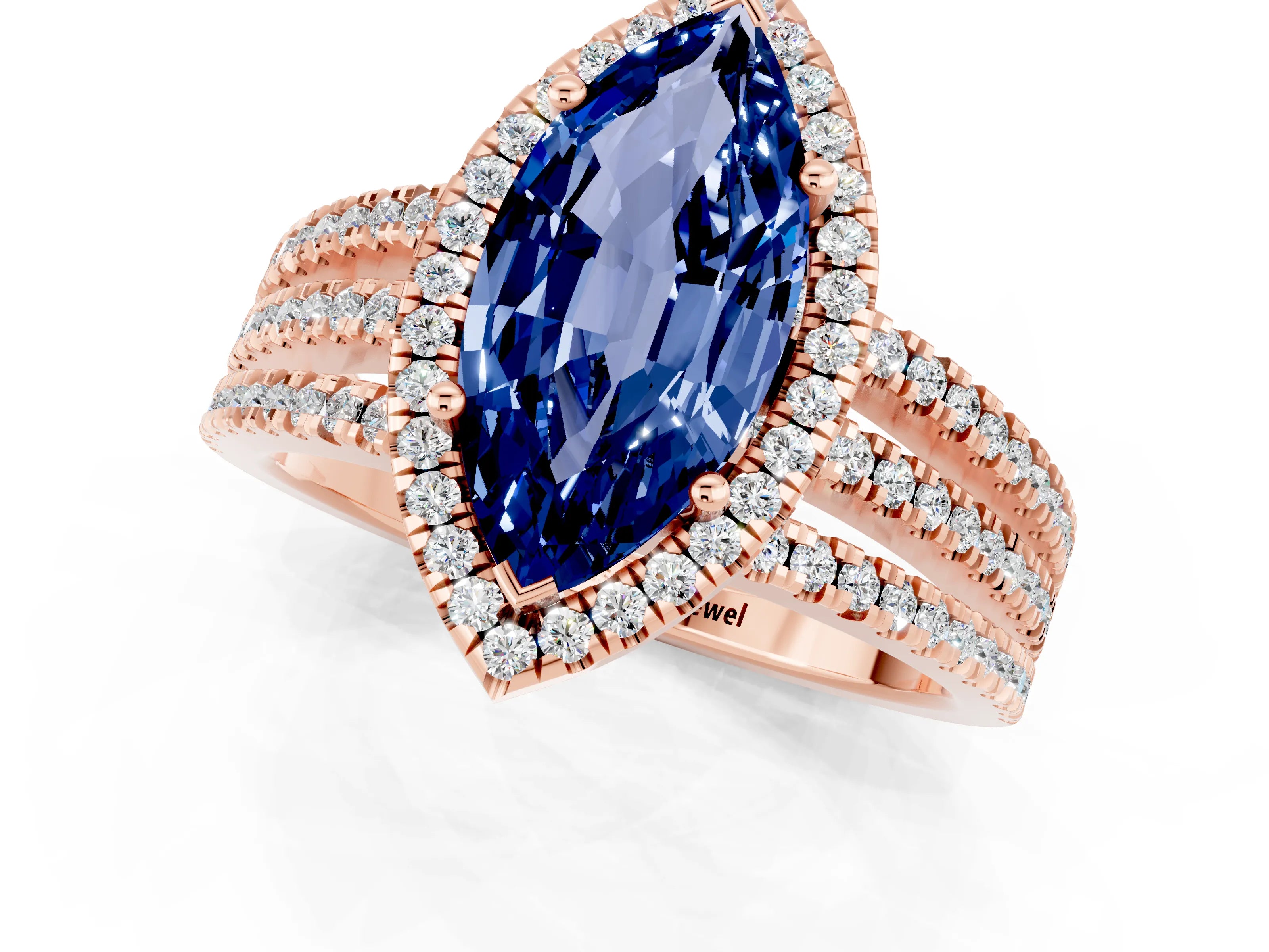 Rose gold {shape_name} Blue Sapphire Halo Engagement Ring with Split Shank and Four-Prong Setting_1