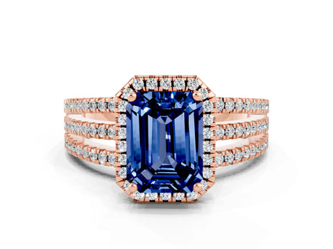 Rose gold {shape_name} Blue Sapphire Halo Engagement Ring with Split Shank and Four-Prong Setting
