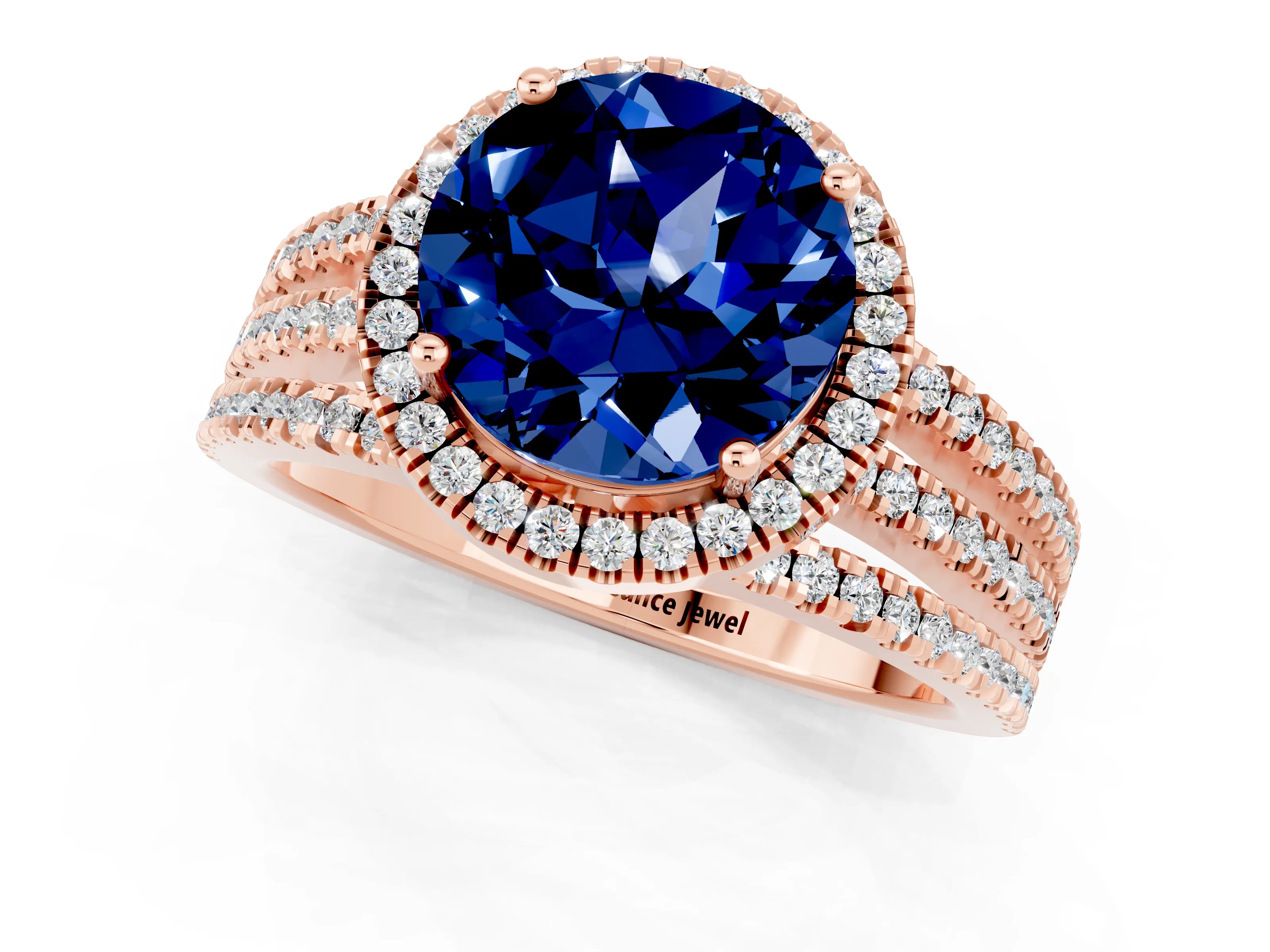 Rose gold {shape_name} Blue Sapphire Halo Engagement Ring with Split Shank and Four-Prong Setting_1
