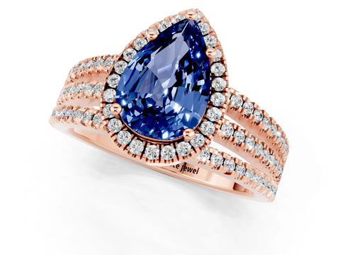 Rose gold {shape_name} Blue Sapphire Halo Engagement Ring with Split Shank and Four-Prong Setting_1