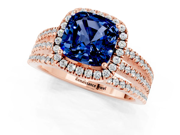 Rose gold Cushion Cut Blue Sapphire Halo Engagement Ring with Split Shank and Four-Prong Setting