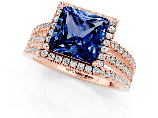 Rose gold Princess Cut Blue Sapphire Halo Engagement Ring with Split Shank and Four-Prong Setting