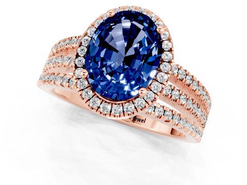 Rose gold {shape_name} Blue Sapphire Halo Engagement Ring with Split Shank and Four-Prong Setting_1