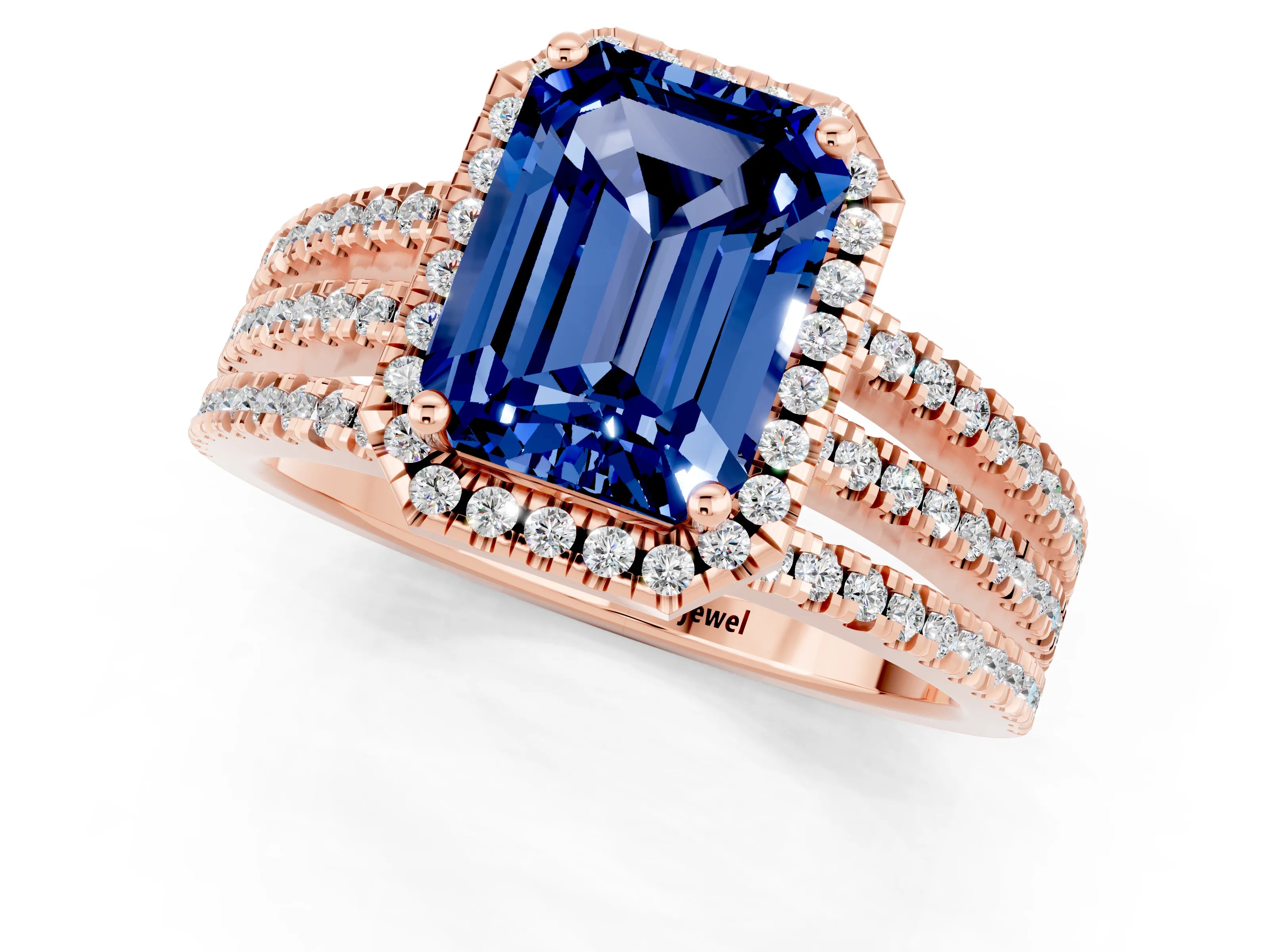 Rose gold {shape_name} Blue Sapphire Halo Engagement Ring with Split Shank and Four-Prong Setting_1