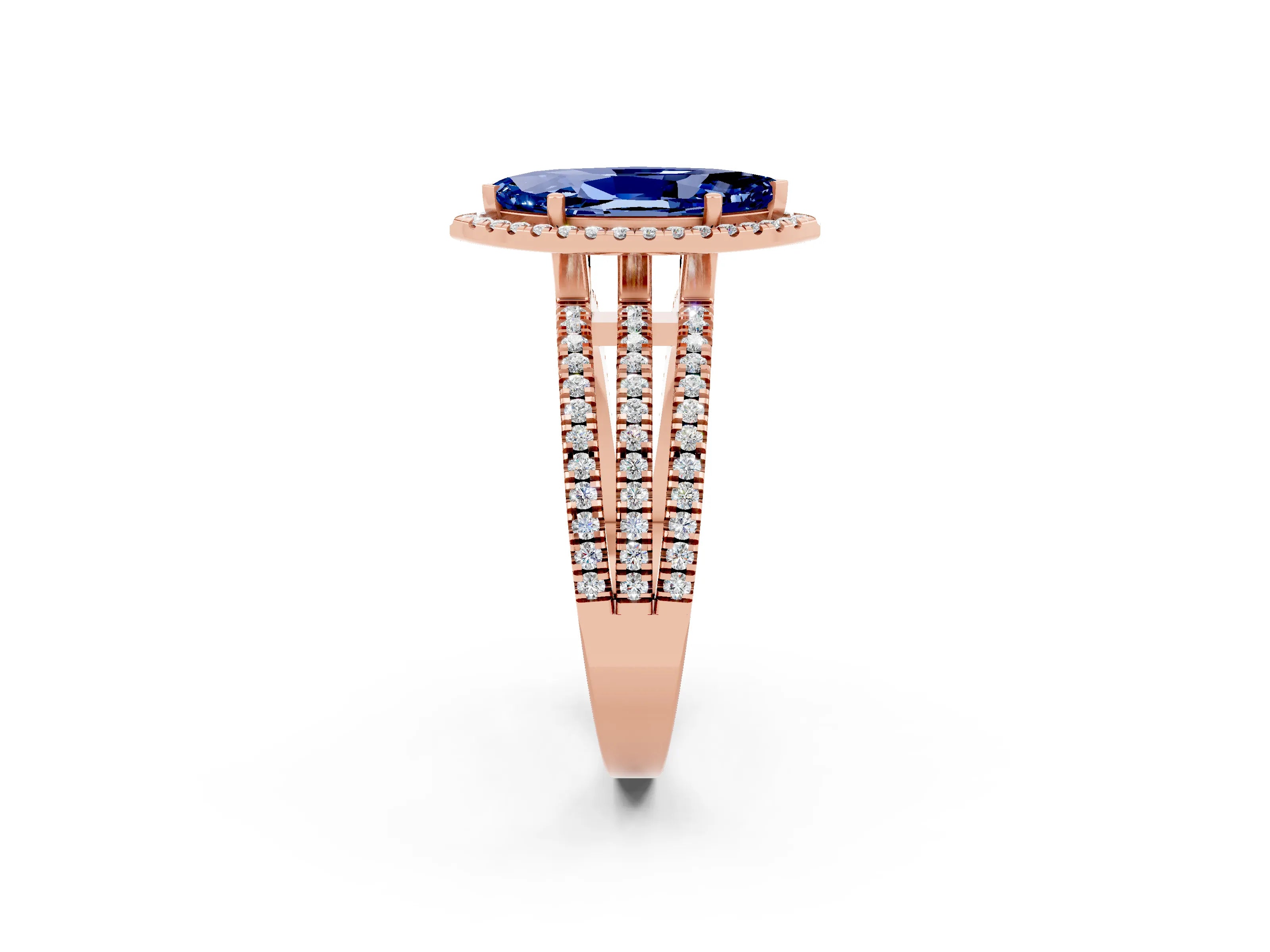 Rose gold {shape_name} Blue Sapphire Halo Engagement Ring with Split Shank and Four-Prong Setting_2