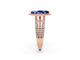 Rose gold {shape_name} Blue Sapphire Halo Engagement Ring with Split Shank and Four-Prong Setting_2