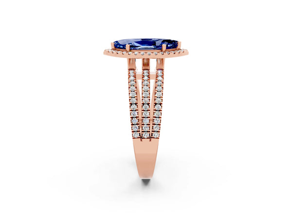 Rose gold Marquise Cut Blue Sapphire Halo Engagement Ring with Split Shank and Four-Prong Setting
