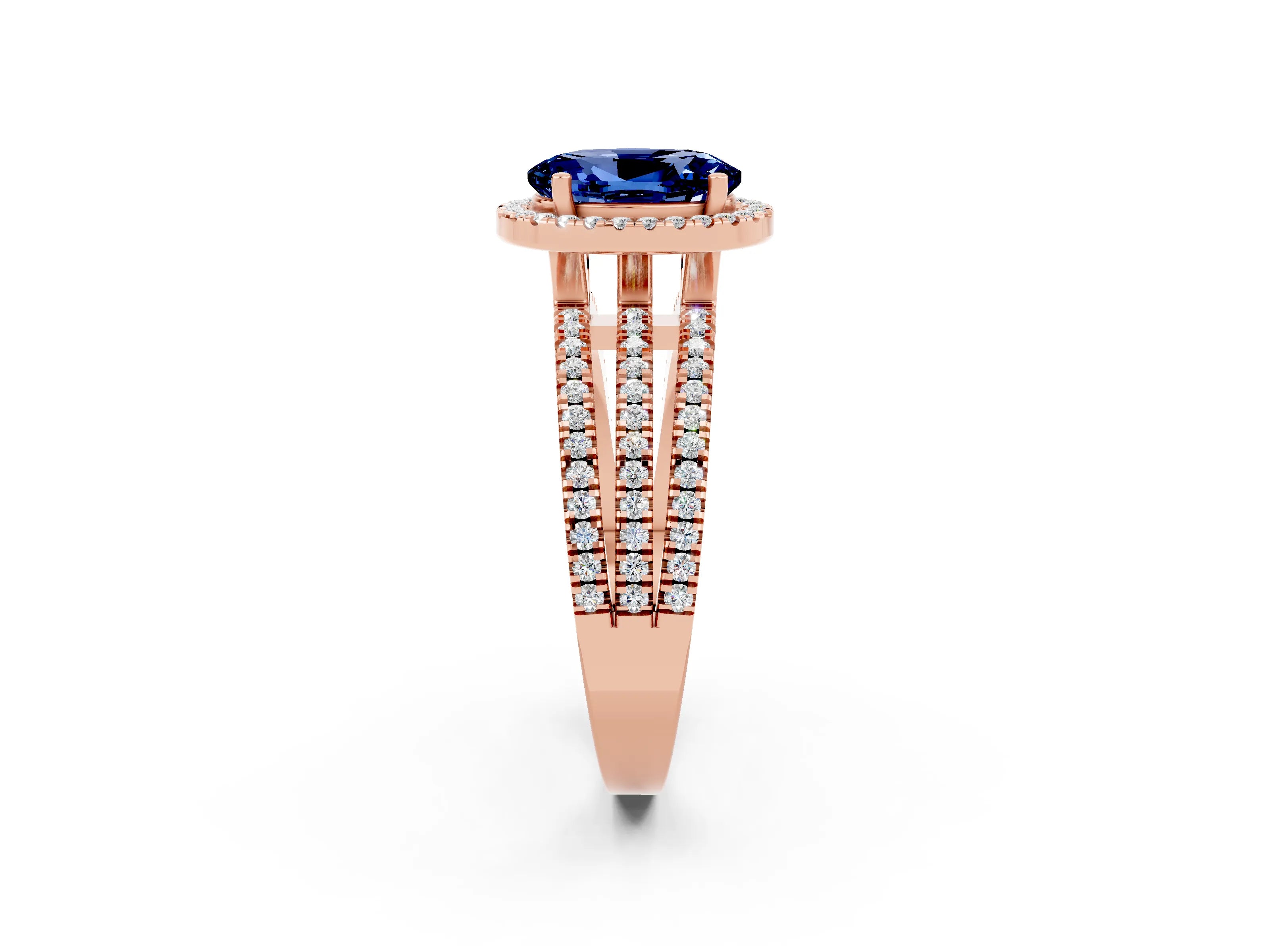 Rose gold {shape_name} Blue Sapphire Halo Engagement Ring with Split Shank and Four-Prong Setting_2